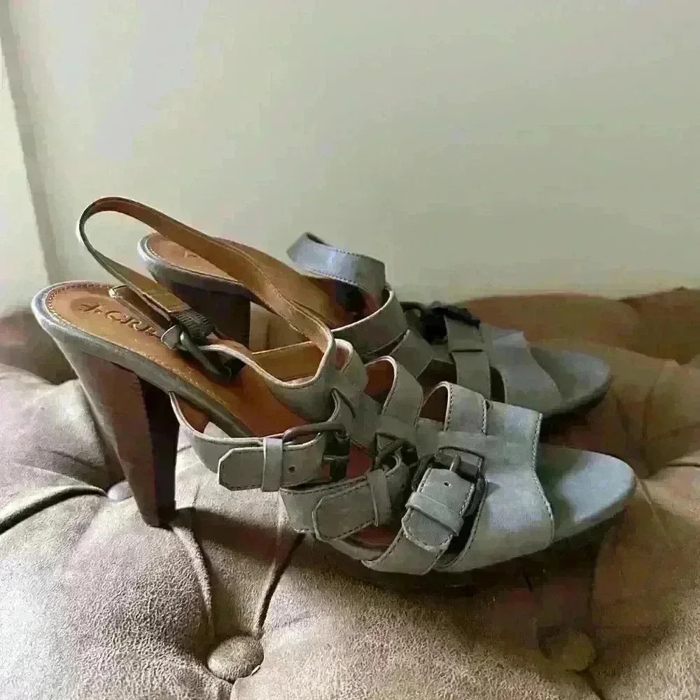J Crew High Heel Grey Leather Buckle Sandals